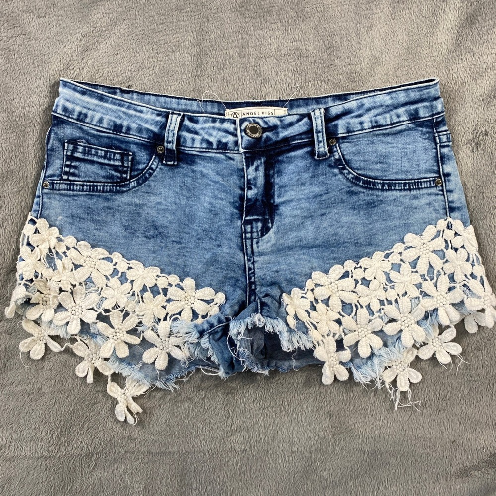 Angel Kiss Denim Shorts Womens 7 Blue Mid Rise Acid Wash Floral Crochet Lace Boh